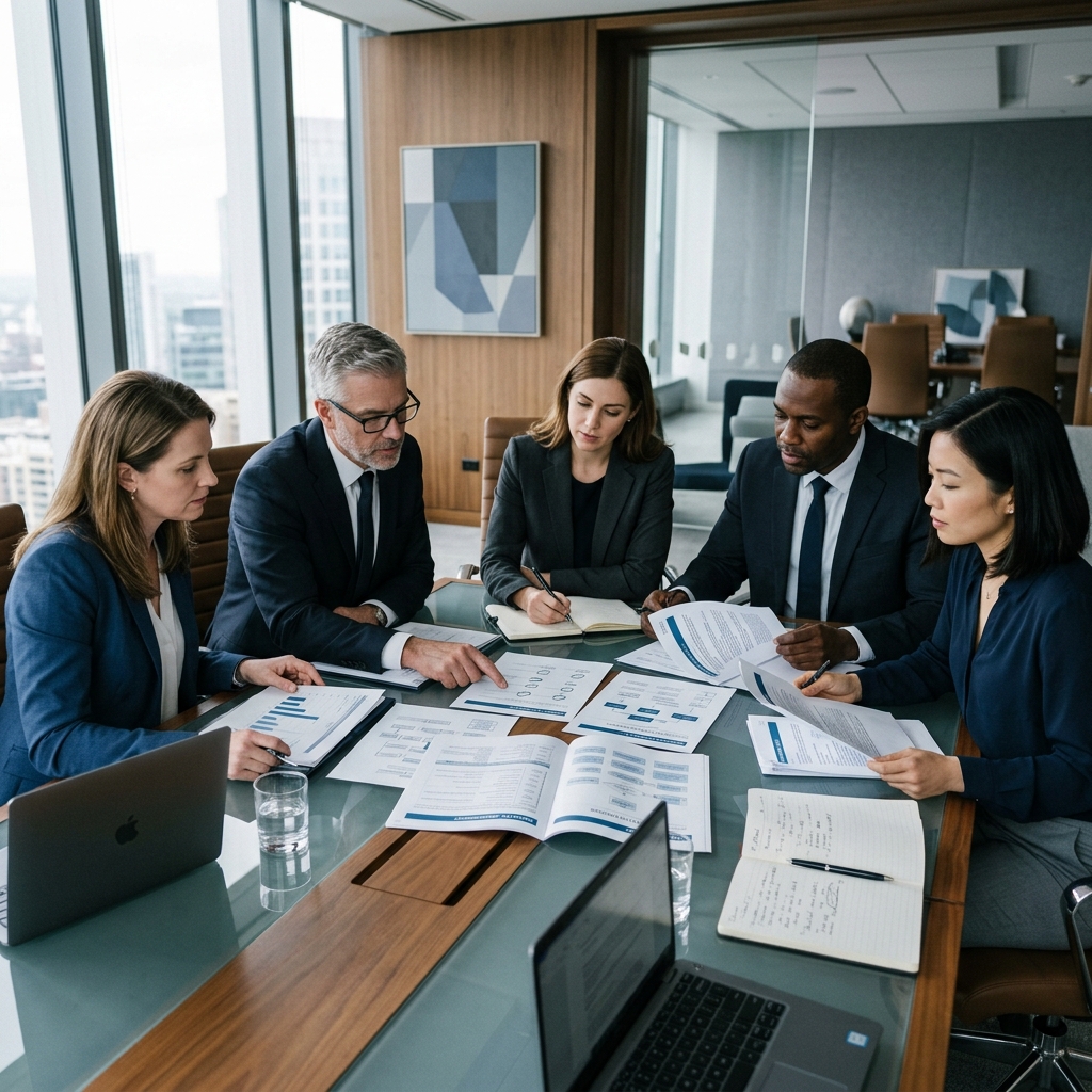 Equipo corporativo revisando normativas ISO
